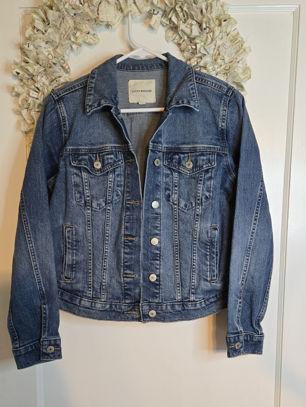 Lucky Brand Distressed Medium Blue Denim Jacket Sz S - Picture 1 of 5